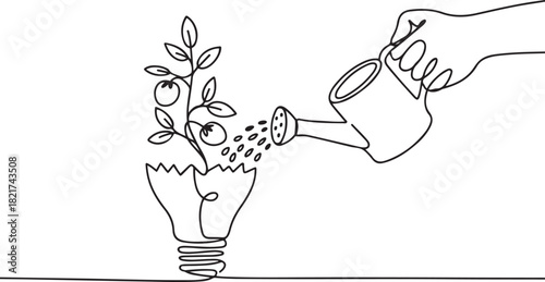 Single one line drawing watering plant bearing fruit lightbulb growing from a broken lightbulb. An effort to maintain a mindset. National Creativity Day. one line Icon drawing