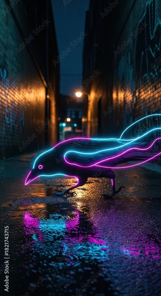Fototapeta premium Silhouette of a bird outlined in bright neon light stands in a dark, wet urban alleyway