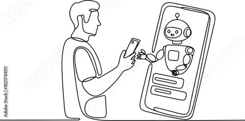 Continuous one line drawing man stands holds a smartphone and robot comes out of big smartphone. Chat with chatbot. International Virtual Assistants Day. one line Icon drawing