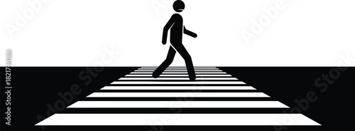 Minimalist black and white pedestrian stick figure icon walking across a striped road crosswalk or zebra crossing, traffic rules and urban safety symbol.