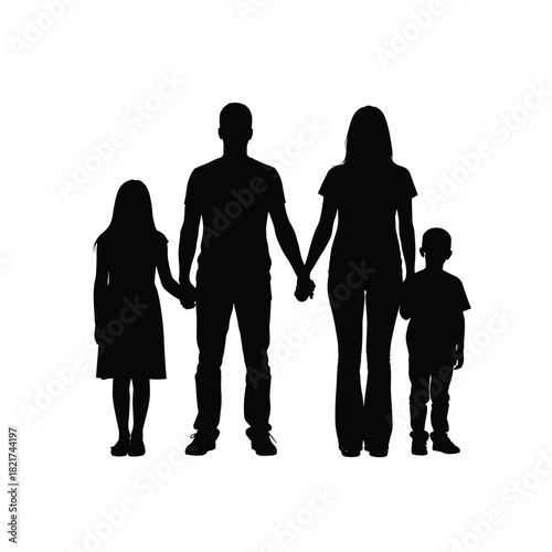 Silhouette of a loving family holding hands against a white background