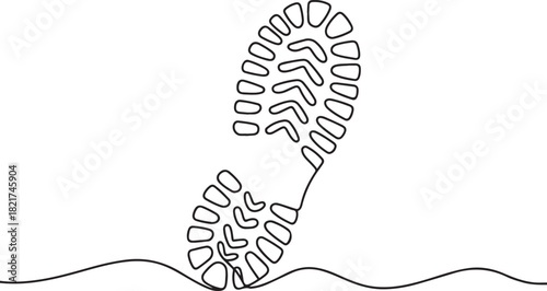 Single one line drawing boot print. Footsteps as witnesses of history. Hiking shoes with a distinctive pattern. Anti slip. Waterproof. National Trails Day. one line Icon drawing