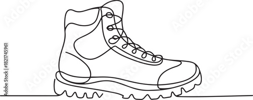 Single one line drawing boot print. Footsteps as witnesses of history. Hiking shoes with a distinctive pattern. Anti slip. Waterproof. National Trails Day. one line Icon drawing