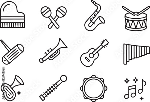 Collection of Musical Instruments Icons piano maracas