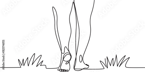 Continuous one line drawing barefoot legs seen from behind while walking. Take a leisurely walk on the grass for health. Beach. National Go Barefoot Day. one line Icon drawing
