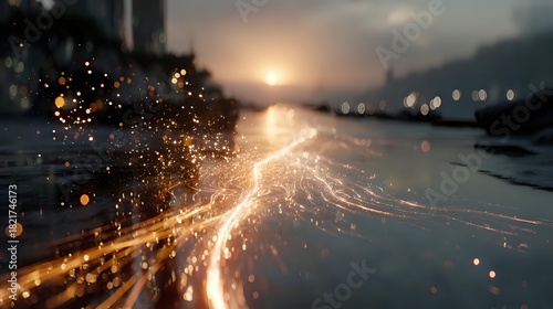 Magical sunset over water with golden light trails and sparkling particles creating dreamy atmosphere for romantic backgrounds.