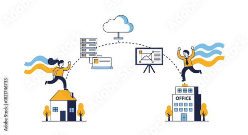 Hybrid Workforce Remote Work Cloud Computing Network Illustration