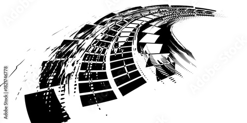 Black tire marks on a white background with a worn effect and splashes of dirt. Vector isolated texture .Tire tracks background for rally, drift, motocross, off-road and other auto and motorsport.