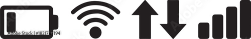Four black icons for battery, wifi, data transfer, and signal strength on a white background Keywords: battery icon, wifi icon, signal icon