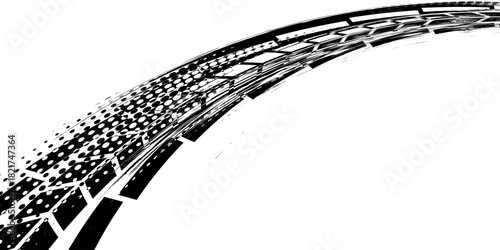 Black tire marks on a white background with a worn effect and splashes of dirt. Vector isolated texture .Tire tracks background for rally, drift, motocross, off-road and other auto and motorsport.