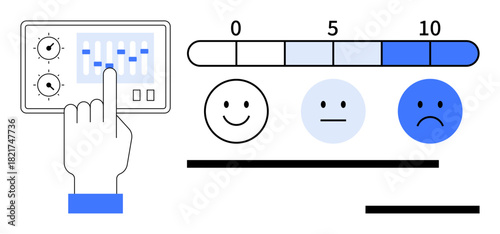 Hand operating control panel, satisfaction scale with numerical and facial feedback happy, neutral, sad faces. Ideal for feedback, user experience, satisfaction rating, survey, usability