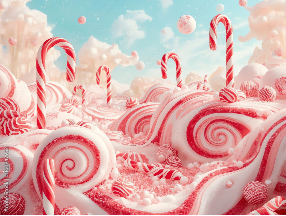 Naklejka premium Dreamlike candy land filled with towering candy canes and swirling sweets in a sugary paradise