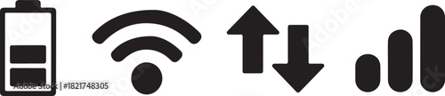 Four black icons representing battery, wifi, data transfer, and signal strength on a white background Keywords: battery icon, wifi icon, signal