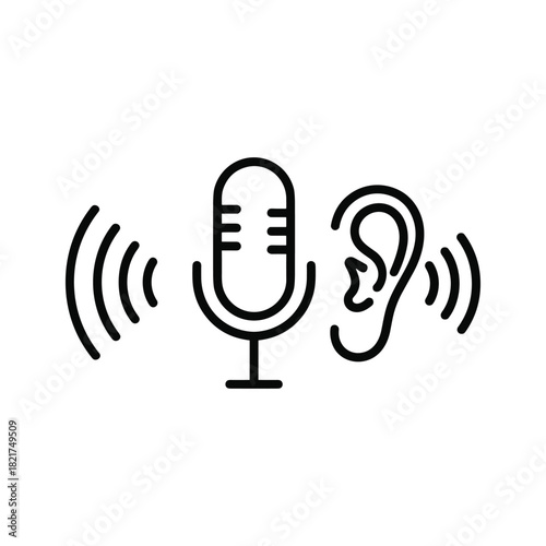 Sound recording and hearing icon with microphone and ear isolated on
