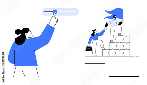 Person adjusting slider for progress, team climbing puzzle steps to success holding a flag. Ideal for teamwork, leadership, collaboration, motivation, progress, strategy, simple flat metaphor