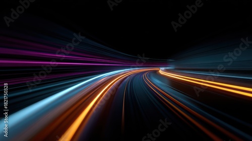 Abstract digital highway speed light trails, futuristic dark tunnel concept