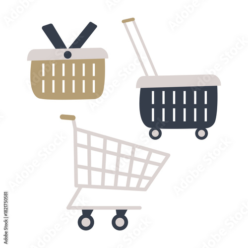 Vector set of shopping carts and baskets in a supermarket in a flat style.