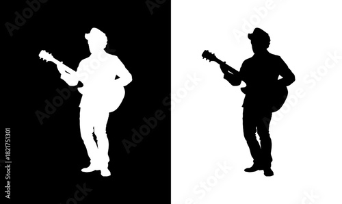 musician plays guitar silhouette vector illustration, music, song, singing man silhouette vector illustration, guitar silhouette, boy, man standing silhouette, fun, love, black, art, design, 