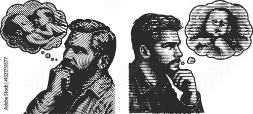 Linocut Engraving Black and White Thoughtful Man Father Thinking of Newborn Baby Illustration Retro Style Expectant Parent Future Family Concept Art Print