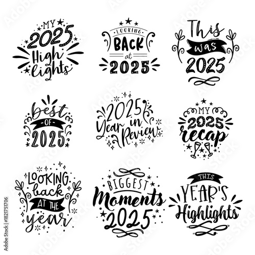 Decorative hand written "best of last year" phrases, best events of the year, highlights, review, performance, evaluation of 2025 - vector design