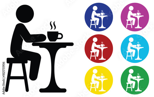 Coffee Break Silhouette, person drinking coffee, cafe scene, sitting at table icon, Cafe Person Icon Set, coffee cup, relaxing pose, colorful round cafe symbols