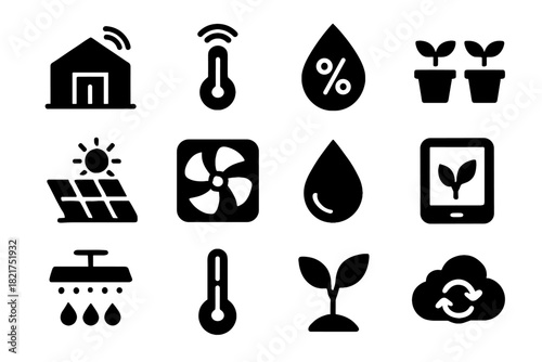 Vector greenhouse droplet smart thermometer sync led humidity icons sensor fan icon