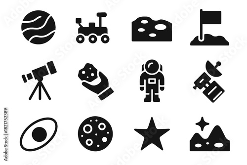 Satellite moon icon flag star astronaut set planetary terrain vector planet rock