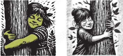 Halftone Black and Spot Color Girl Hugging Tree Illustration Retro Woodcut Style Joyful Child in Forest Duotone Nature Love Eco Friendly Engraving Graphic Print