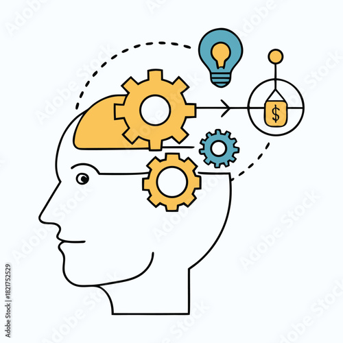 A spark of ideas ignites in a man's mind, gears of creativity turning as strategy, curiosity, and ambition merge, forming the core mechanism of a startup vision.
