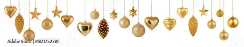 Golden christmas ornaments including hearts, stars, pinecones, and balls, hanging decoratively, isolated on transparent background