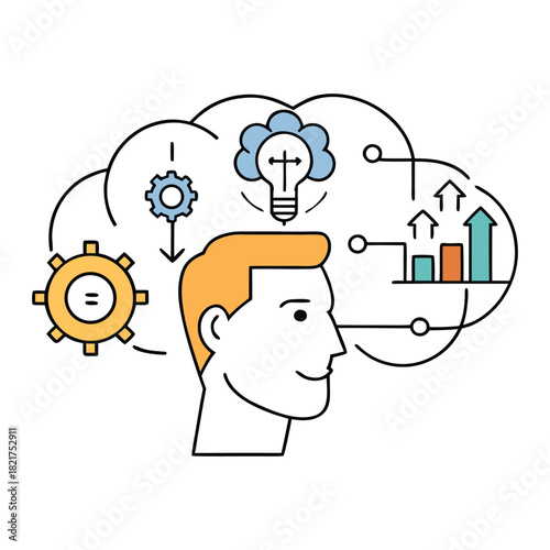 A spark of ideas ignites in a man's mind, gears of creativity turning as strategy, curiosity, and ambition merge, forming the core mechanism of a startup vision.
