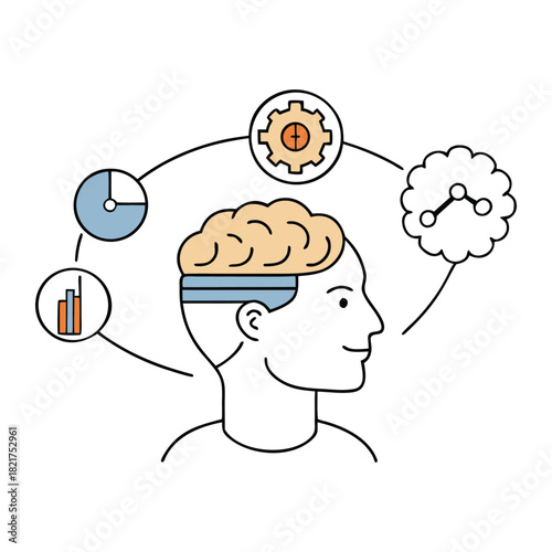 A spark of ideas ignites in a man's mind, gears of creativity turning as strategy, curiosity, and ambition merge, forming the core mechanism of a startup vision.
