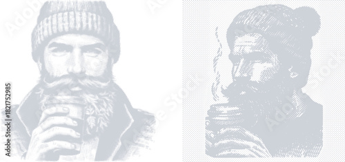 Halftone White and Grey Bearded Man Sipping Coffee Illustration Retro Stipple Style Winter Cozy Minimalist Hipster Brew Concept Art Print Design