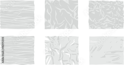 Collection of six white crumpled paper textures on a white background