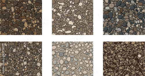 Six square images showing different colored pebble stone mosaic patterns