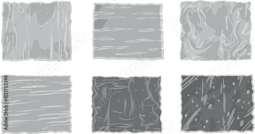 Illustration of six squares of wrinkled plastic wrap on a white background
