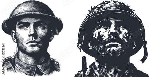 Halftone Engraving Black and White Soldier Portraits Military Veteran Hero Tribute Illustration Retro Style War History Concept Art Print Design