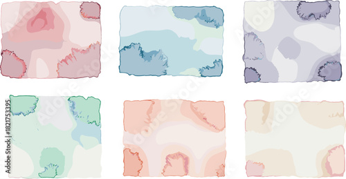 Six watercolor washes in pastel colors with rough edges on white paper