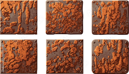 Six square metal plates with heavy rust and bolted corners on white background