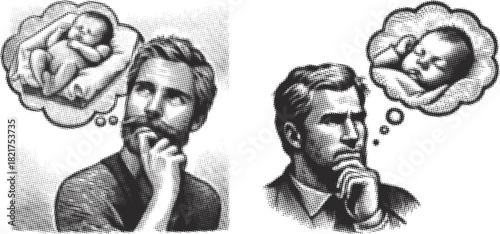 Halftone Black and White Thoughtful Man Father Thinking of Newborn Baby Illustration Retro Engraving Style Stippling Dot Pattern Expectant Parent Design Concept