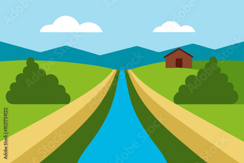 Cartoon vector illustration of a summer rural landscape scene with green grass, trees, and blue sky with clouds over rolling hills and mountains on the horizon