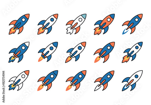 Colorful cartoon rocket icons launching, indicating growth and startup