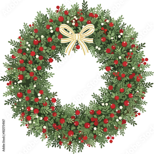 Festive Wreath: A vibrant holiday wreath, adorned with a delicate bow and berries, ready to bring warmth and cheer to any festive season.