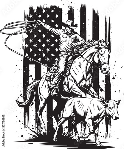 American Rodeo Cowboy with Lasso on Horseback Tries to Catch a Calf in Classic Western Lifestyle Image