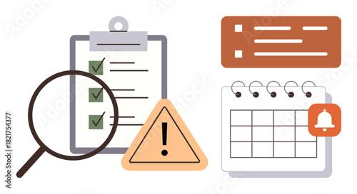 Magnifying glass and checklist with warning icon emphasize priority tracking, calendar with notification highlights deadlines. Ideal for planning, organization, productivity, reminders, schedules