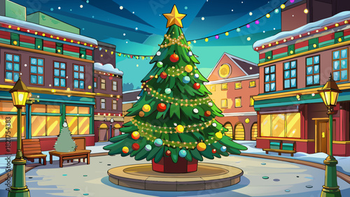 Very beautiful Christmas tree standing majestically in a generic American city square, decorated with colorful lights, shimmering glass ornaments, soft glowing garlands, and a bright gold star on top,