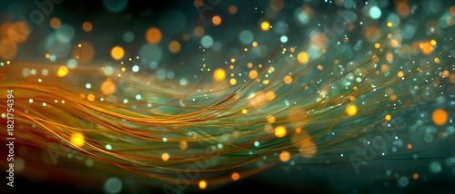 Abstract background of glowing orange light fibers and sparkling bokeh particles