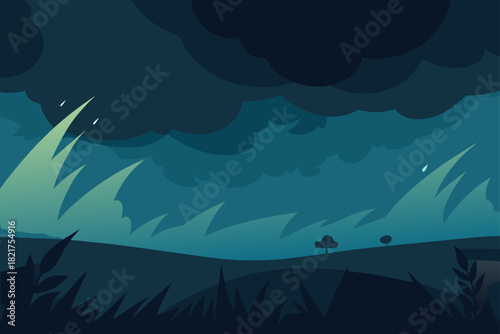 Vector seamless pattern of a blue night sky over mountain landscape with a small boat on the sea water