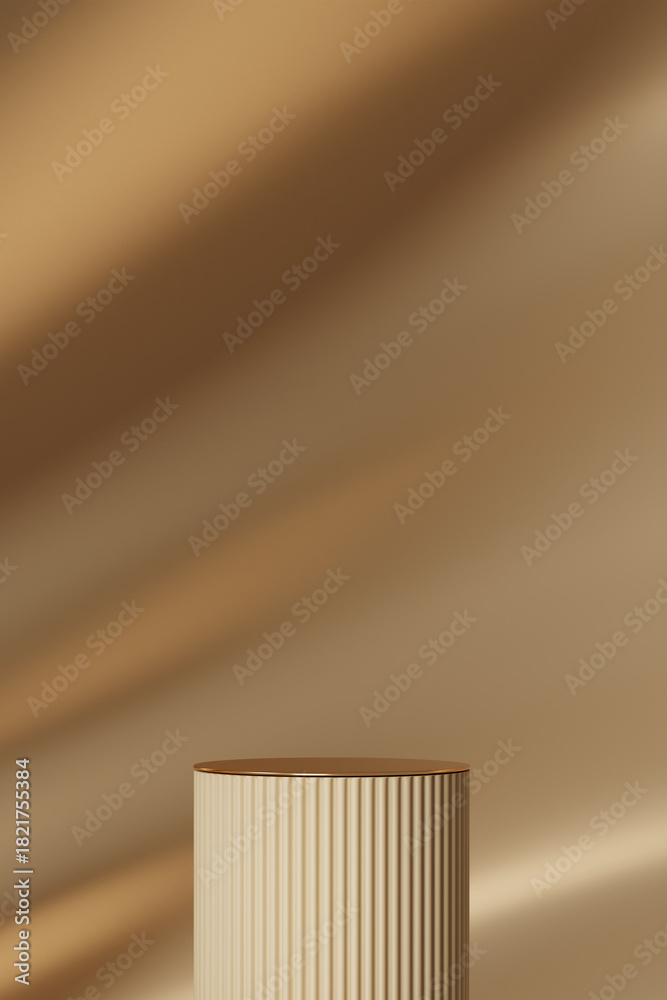 Naklejka premium 3D display podium, gold beige background with pedestal and flying color silk cloth curtain.Nature wind. Beauty, cosmetic product presentation stand. Luxury feminine template 3d render advertisement