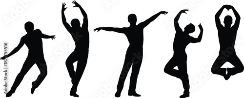Dance silhouettes, expressive poses, graceful movement, black outline, performance gesture, body motion, choreography stance, posture study, artistic energy, rhythm form